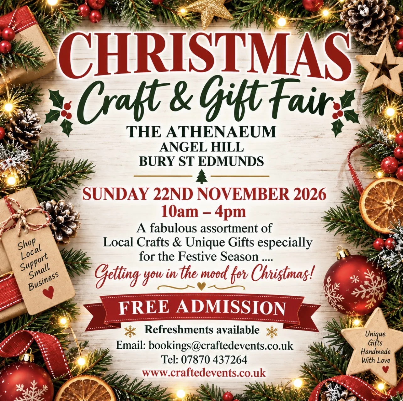 Poster for the Christmas Craft and Gift Fair at the Athenaeum, Angel Hill, on Sunday 22 November 2026, 10am to 4pm, free admission, refreshments available
